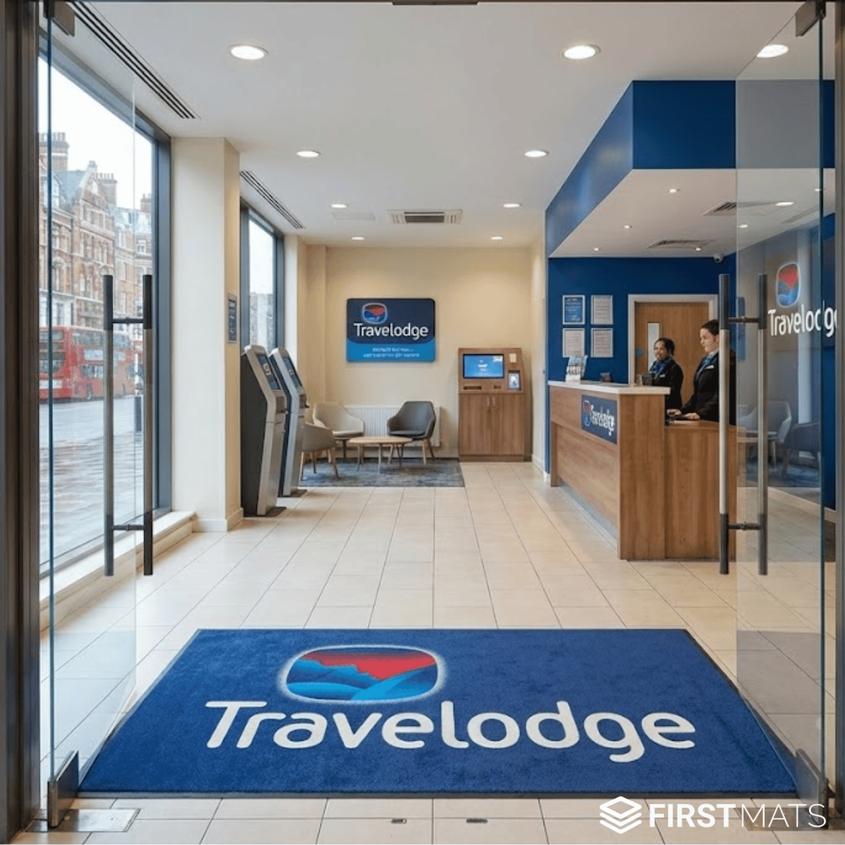Travelodge hotel lobby with reception desk and front desk staff.