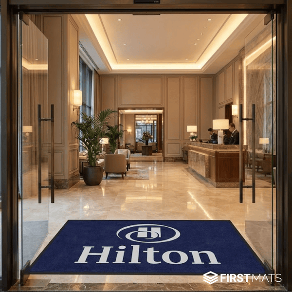 Hilton hotel entrance with glass doors and a blue doormat with Hilton logo.