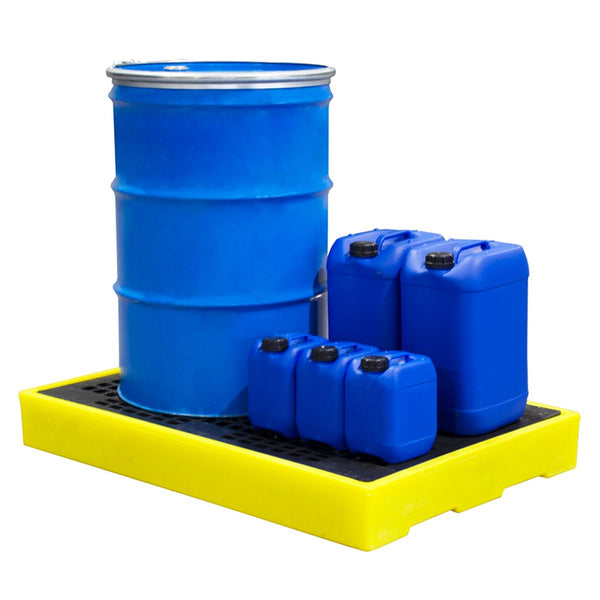 A yellow bunded spill pallet, containing two blue oil drums and several smaller blue containers.