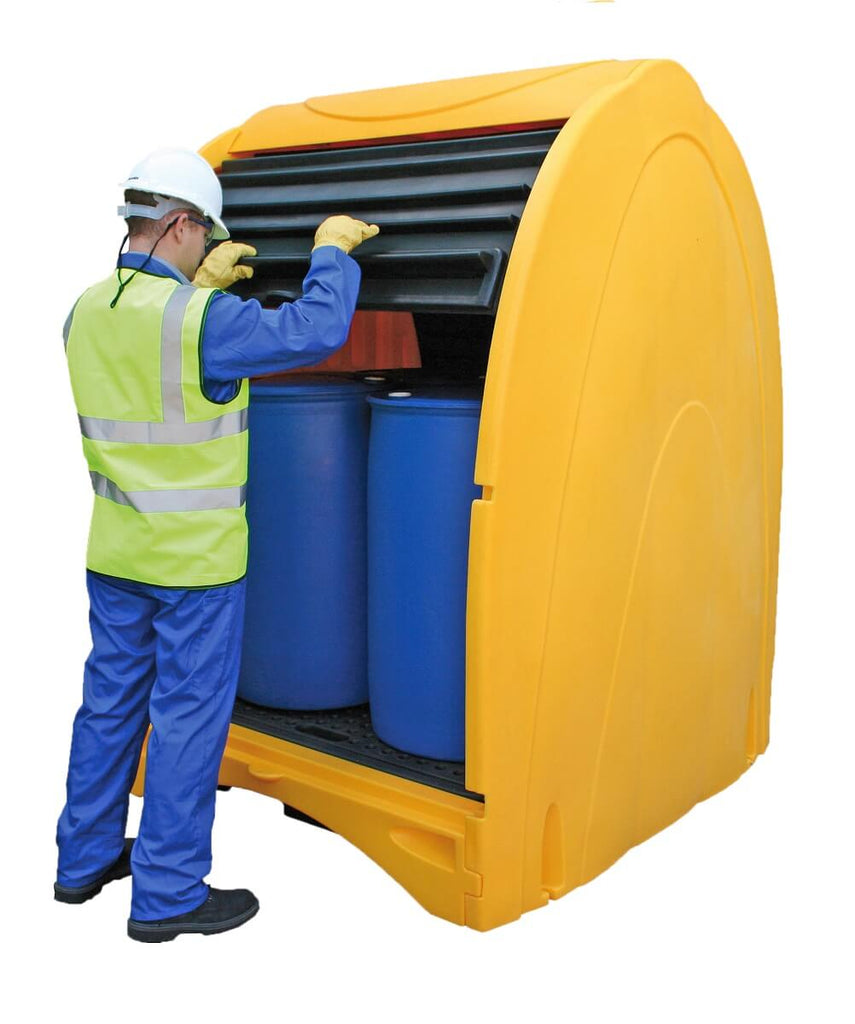 4 Drum Hard Cover Spill Pallet with Roller Door in use (4452000464931)
