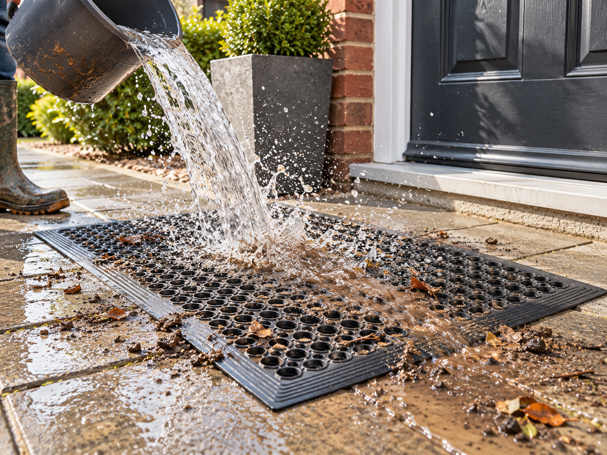 Rubber door mat being washed
