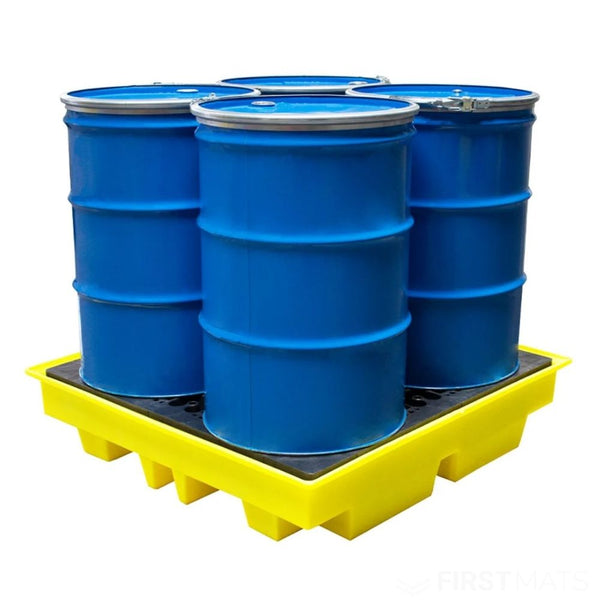 Four blue barrels on a yellow spill containment pallet against a white background