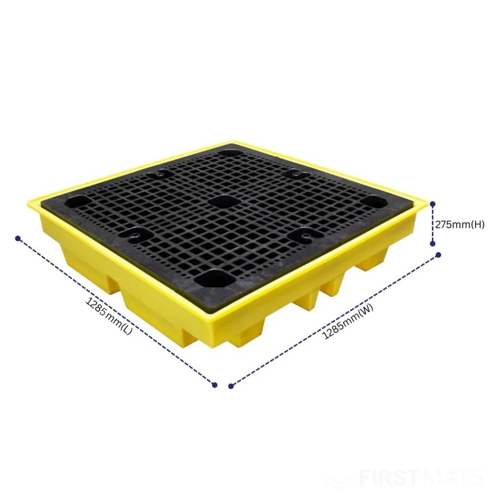 Yellow and black plastic pallet with dimensions on a white background