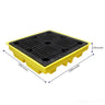 Yellow and black plastic pallet with dimensions on a white background