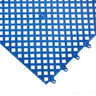 Blue interlocking plastic mat with white grid pattern on a white background