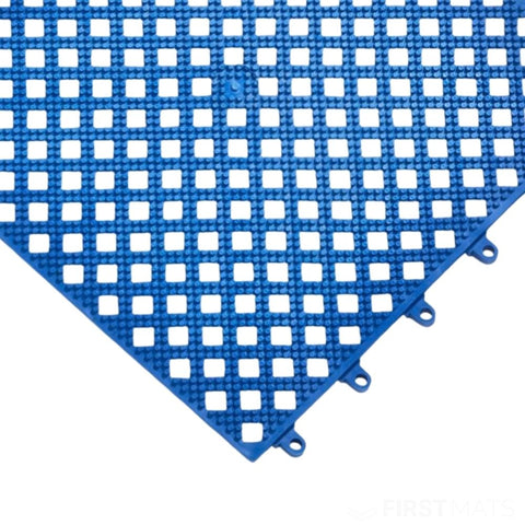 Blue interlocking plastic mat with white grid pattern on a white background