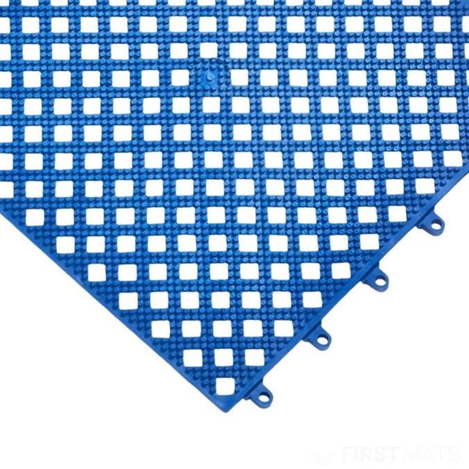 Blue interlocking plastic mat with white grid pattern on a white background