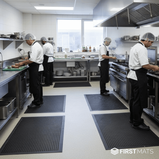 Chefs working in a professional kitchen with black scraper mats on the floor.