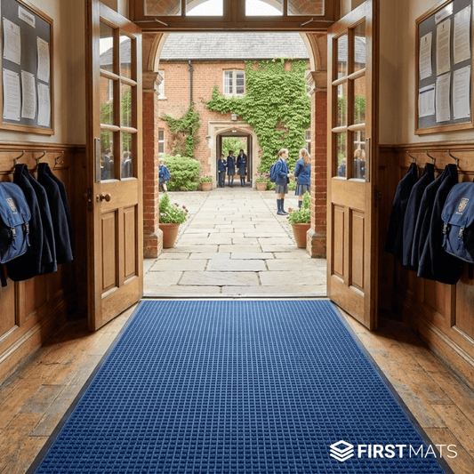 School hallway with open doors leading to a courtyard, featuring a blue mat on the floor.