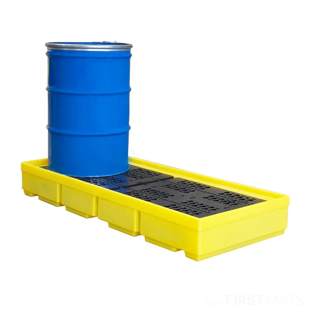 Blue drum on a yellow spill containment pallet against a white background