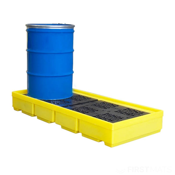 Blue drum on a yellow spill containment pallet against a white background