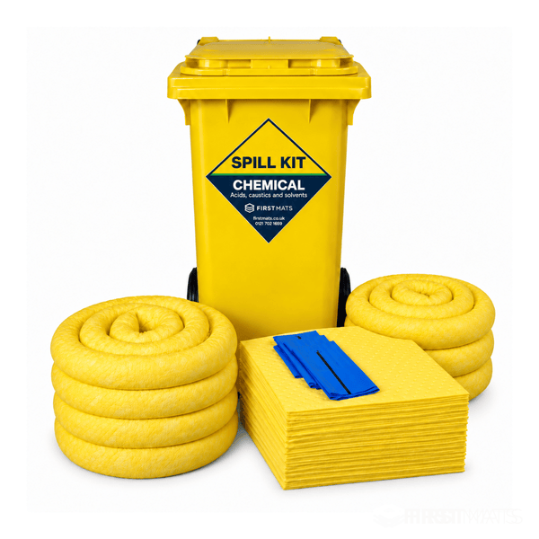 Yellow chemical absorbent pads and socks with spill kit bin