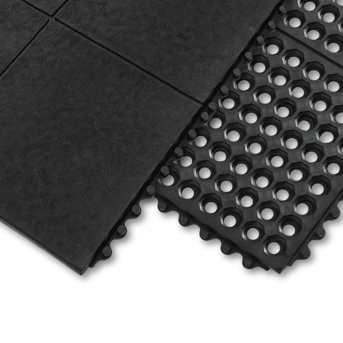 Interlocking rubber mat swatched in solid and open top versions
