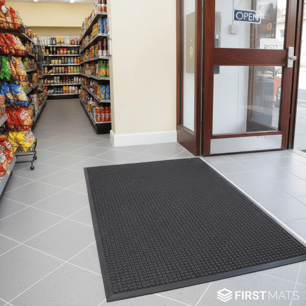 Black doormat on a tiled floor in front of a grocery store entrance