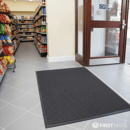 Black doormat on a tiled floor in front of a grocery store entrance