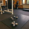 Rubber weight lifting mat with dumbbells on surface