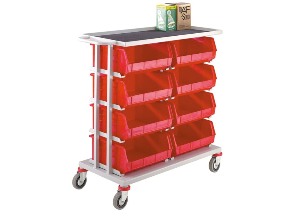 Parts Trolley with 8 Tote Containers Lined Tray