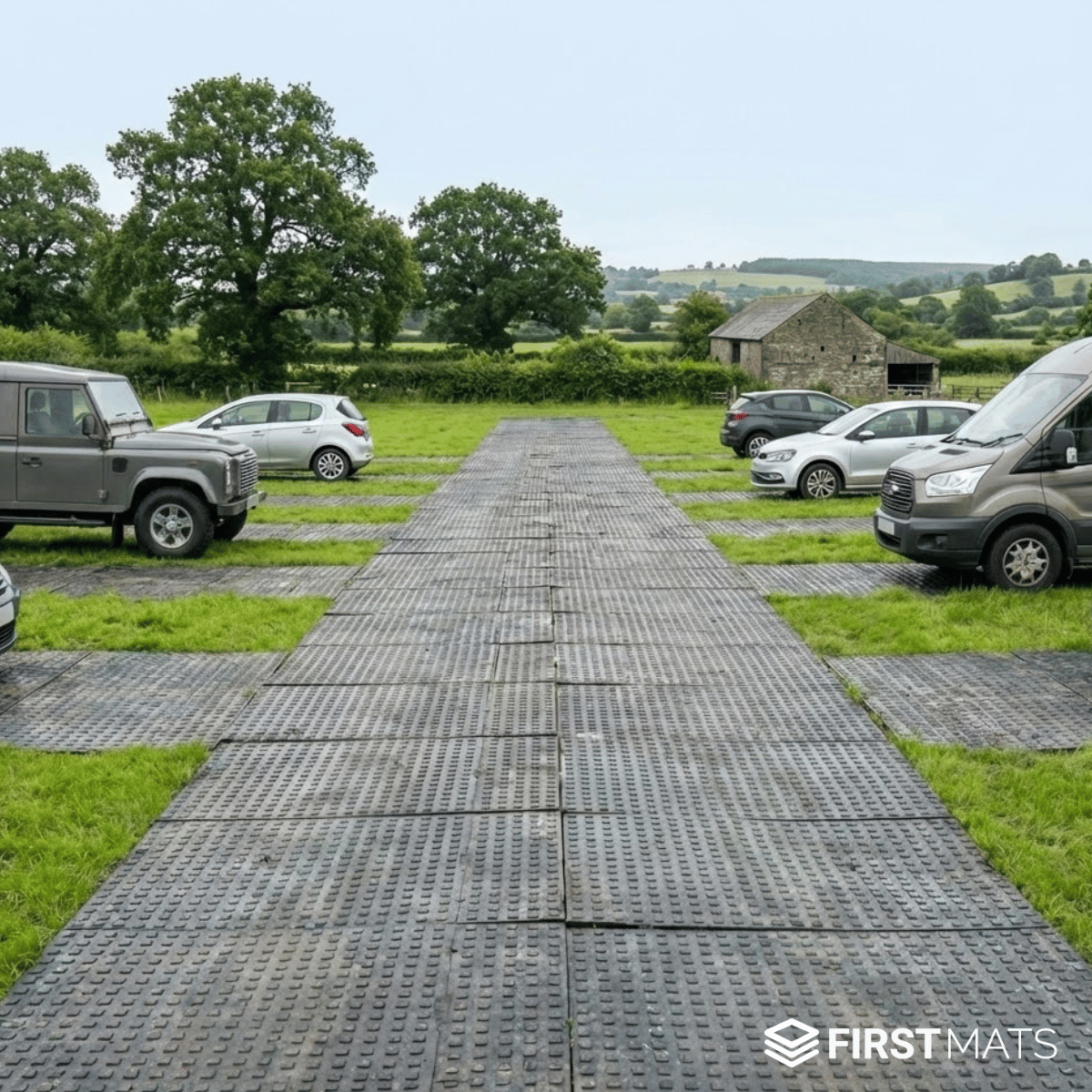Temporary car park mats on a grassy field with vehicles parked around
