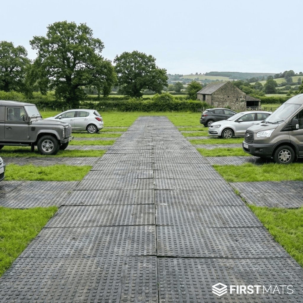 Temporary car park mats on a grassy field with vehicles parked around