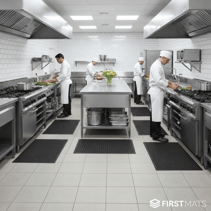 Commercial kitchen with chefs working at stainless steel counters and ovens, while standing on rubber mats.