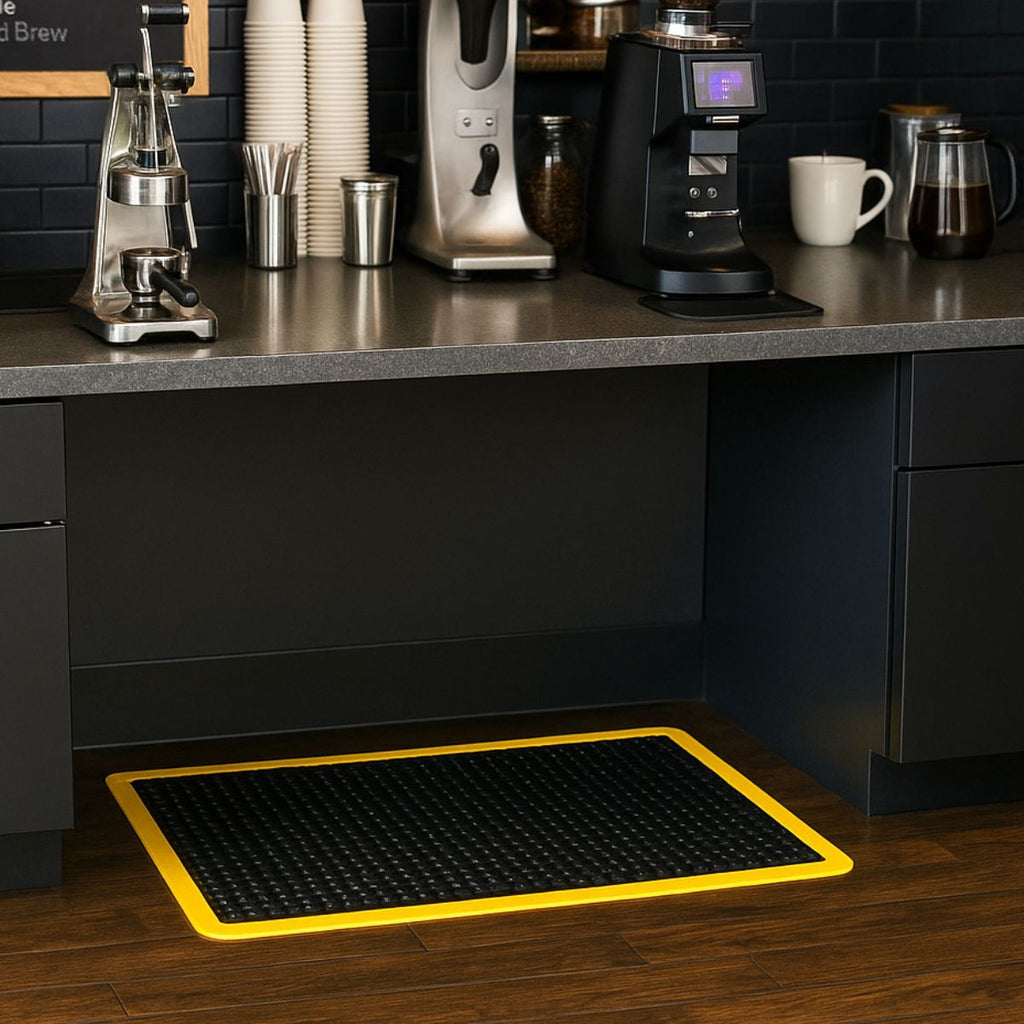 Black and yellow mat on a wooden floor in front of a kitchen counter with coffee-making equipment.