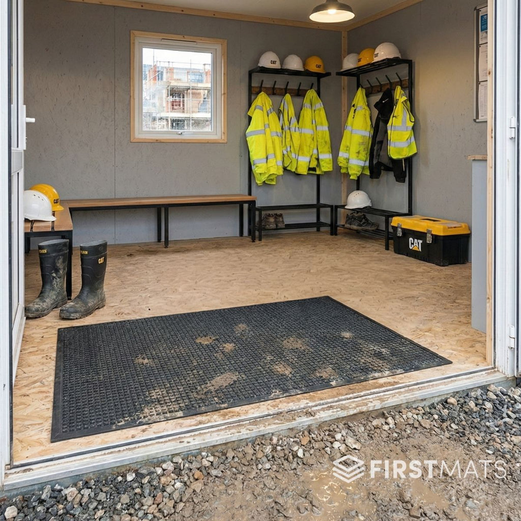 Workshop or storage room with safety gear, including yellow jackets and hard hats, on a wooden floor.