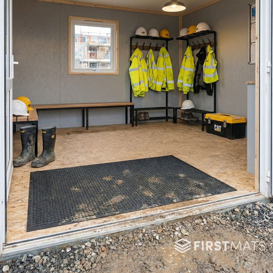 Workshop or storage room with safety gear, including yellow jackets and hard hats, on a wooden floor.