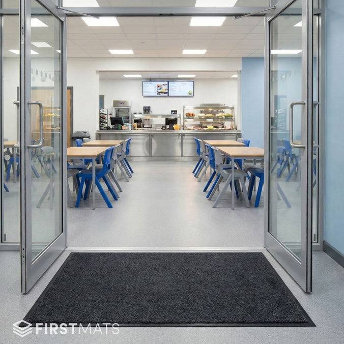 A modern canteen entrance with a plush mat