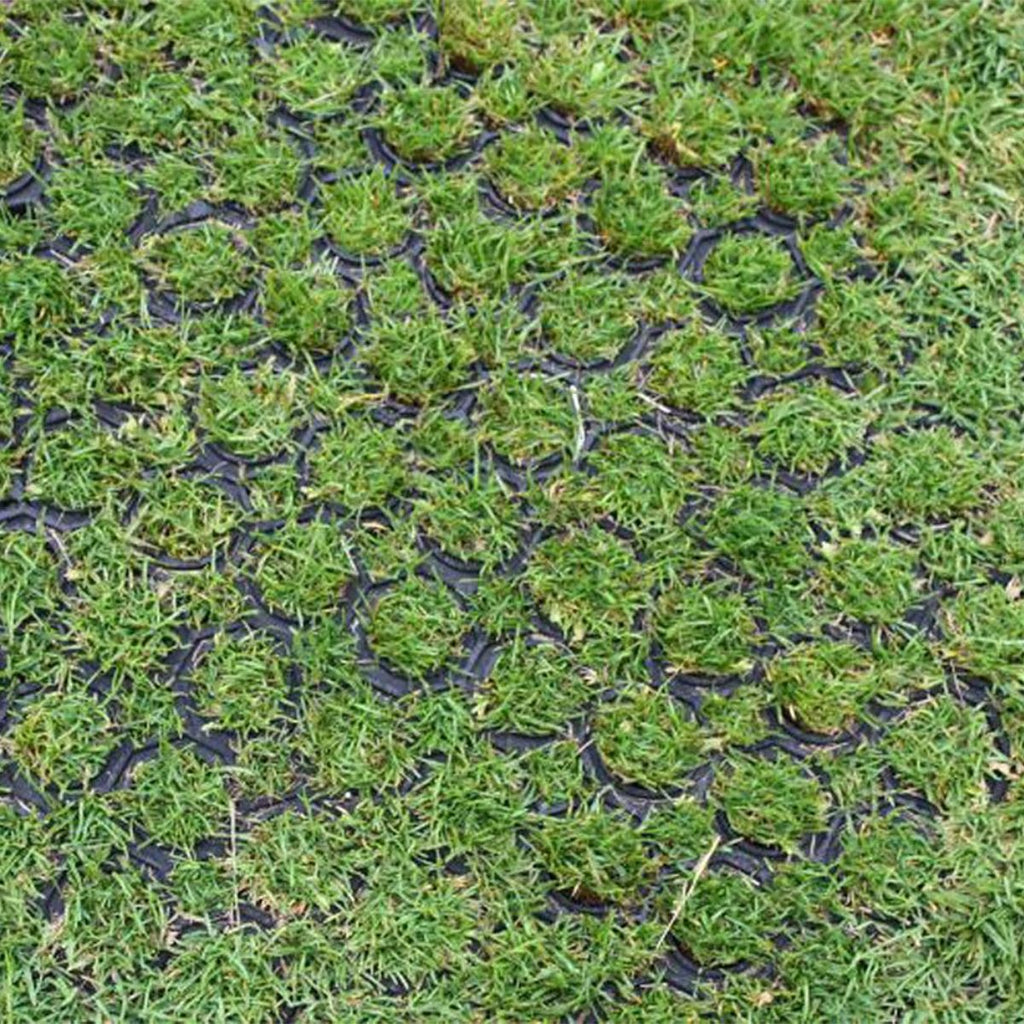 Rubber ground mats with grass growing through holes