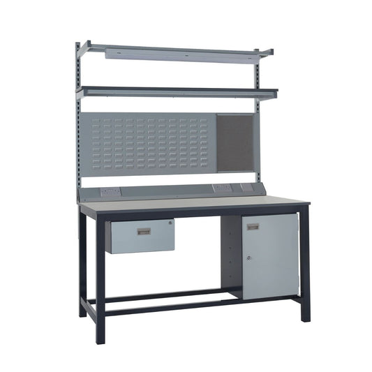 Heavy-Duty Workbench with Cupboard, Upper Shelf & LED Lighting