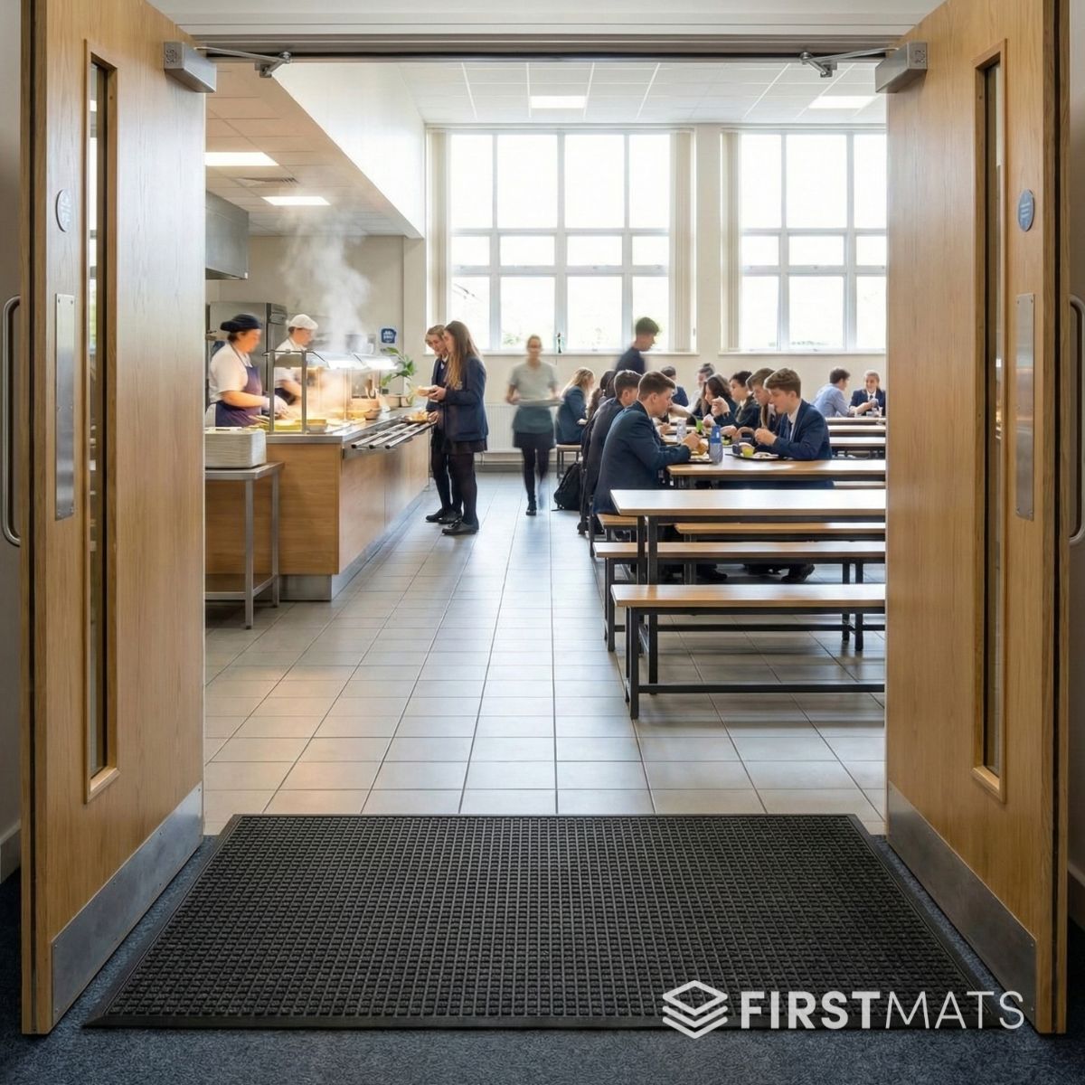 Grey floor mat in a school canteen entrance