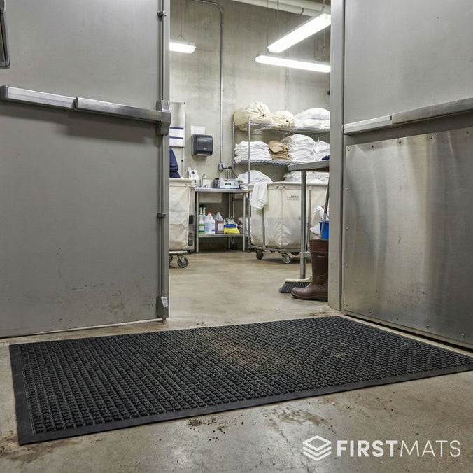 Commercial kitchen with a metal door and black mat on the floor.