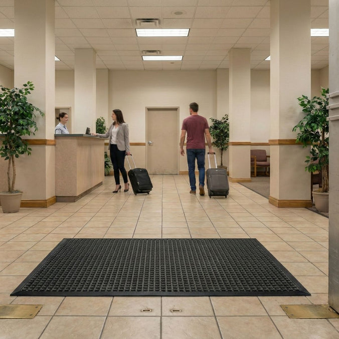 People with luggage walking through a lobby with a black mat on the floor.