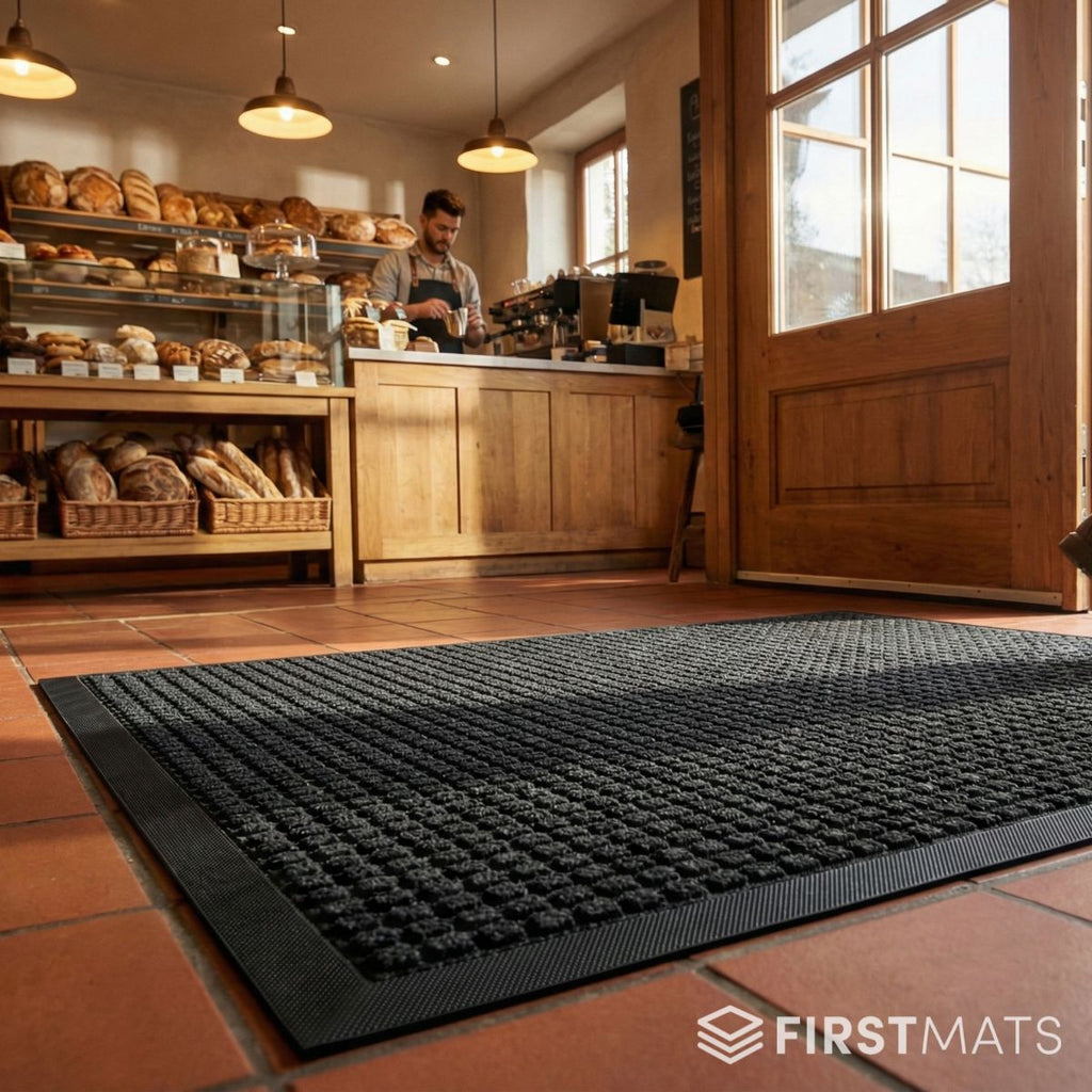 Black doormat in a bakery entrance