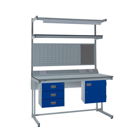 Cantilever Workbench with Drawers, Upper Shelf, and LED Lighting