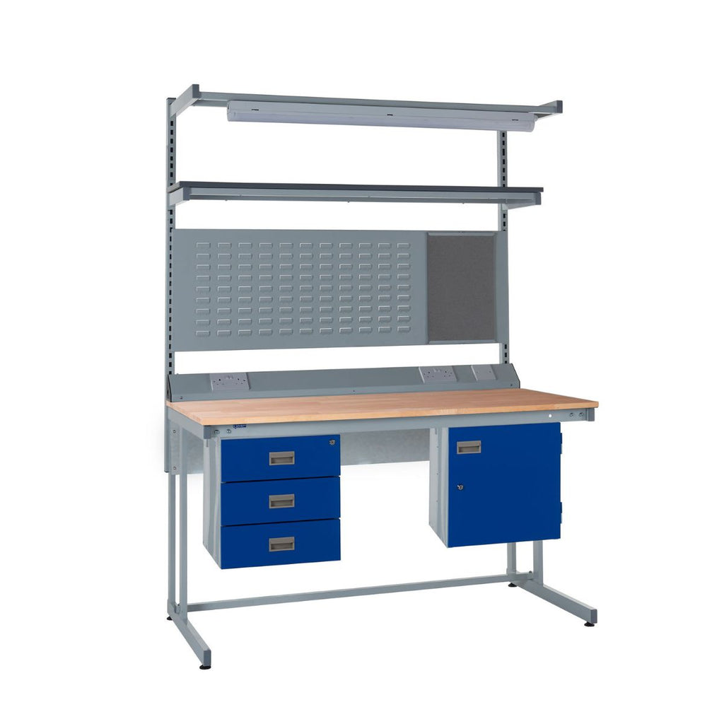 Cantilever Workbench with Drawers, Upper Shelf, and LED Lighting