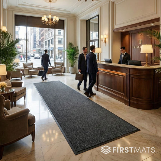 Luxury hotel lobby with a long black mat leading to the reception desk.