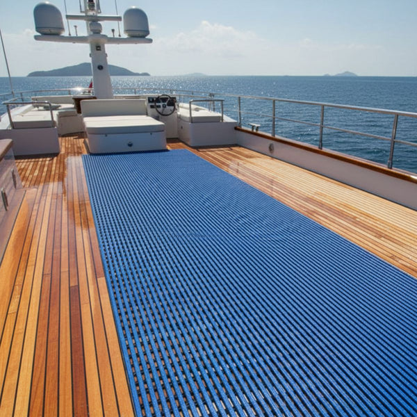 Blue duckboard matting on boat deck