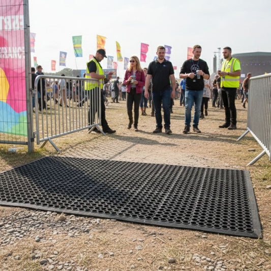 Rubber mat at the gateway of an outdoor festival
