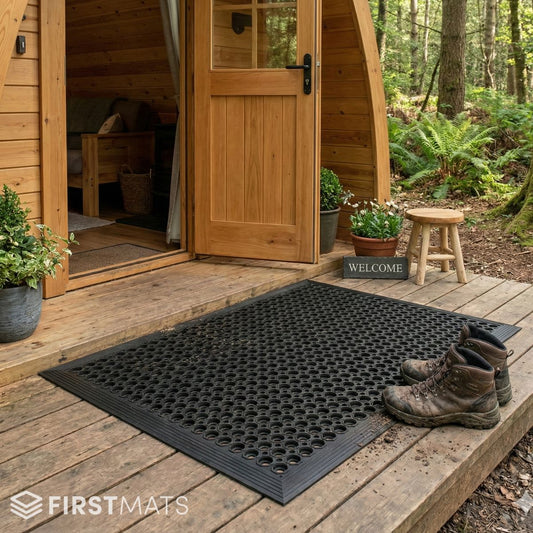 Black doormat with a pattern on a wooden deck in front of a wooden cabin.