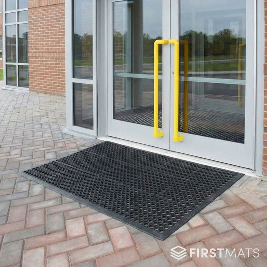 Rubber door mat outside school entrance