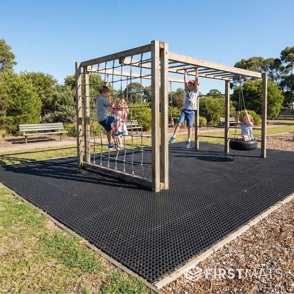 Children playing on a playground structure with a black rubber matting system in a park.