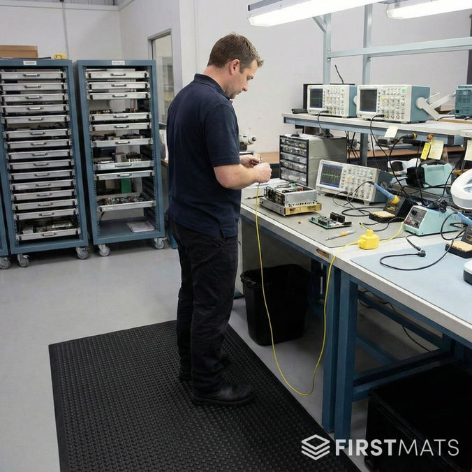 Person standing on an ESD mat in a laboratory with electronic equipment on a table.
