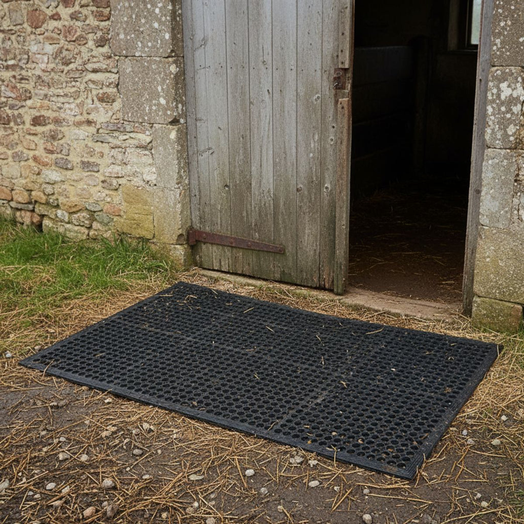 Black mat on a dirt floor in front of a wooden door with stone walls.