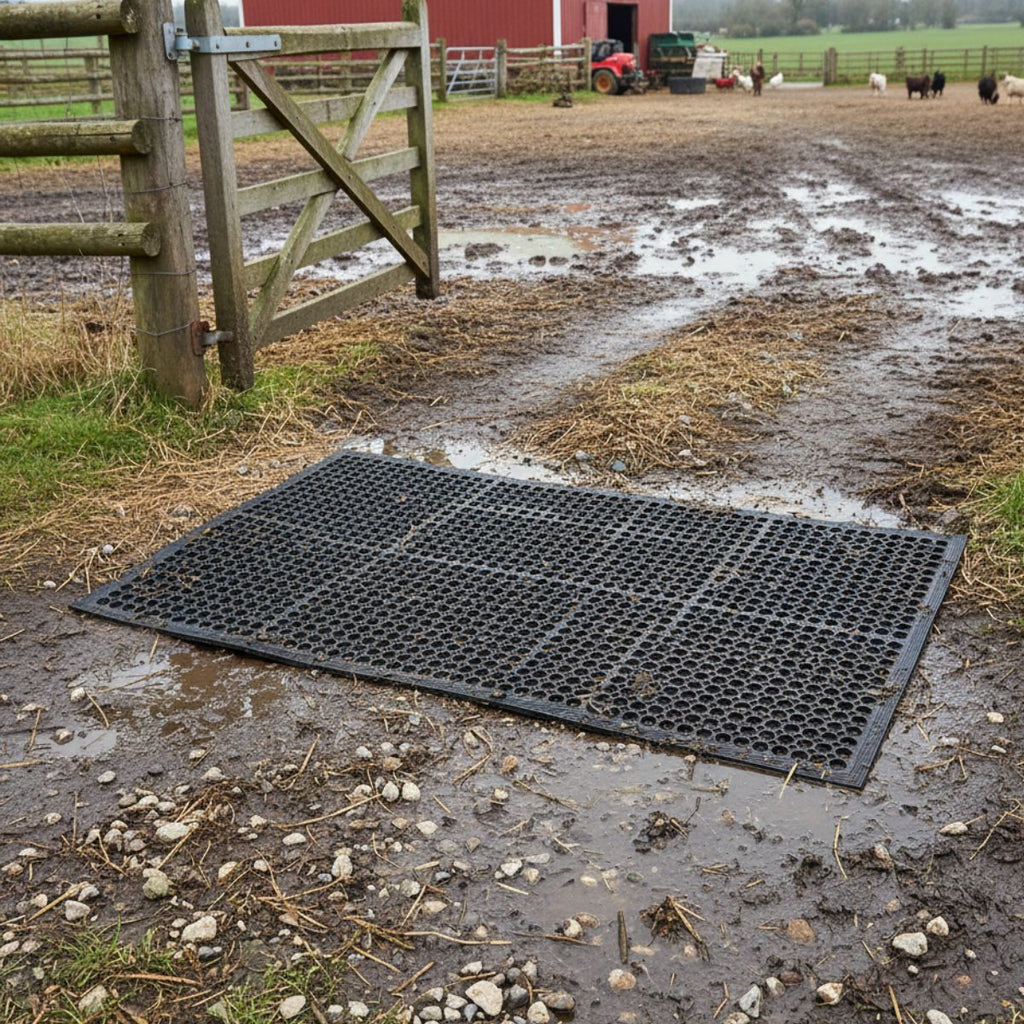 Rubber farmyard floor mat on a muddy floor by a gate