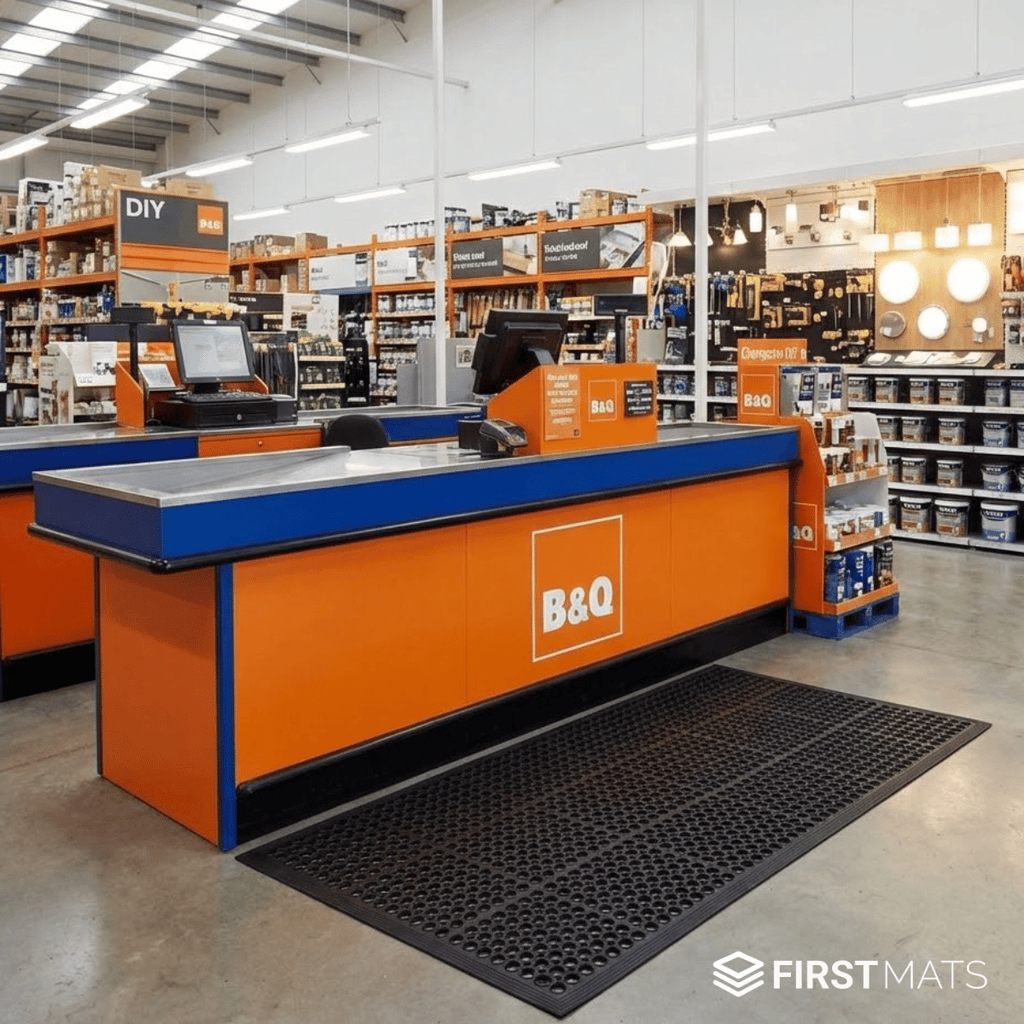 Rubber floor matting being used at a B&Q checkout