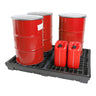 Red barrels and jerry cans on a black tray with a white background