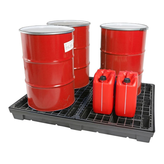 Red barrels and jerry cans on a black tray with a white background