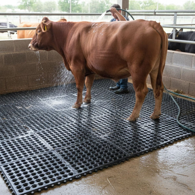 Cow being washed on washdown mats