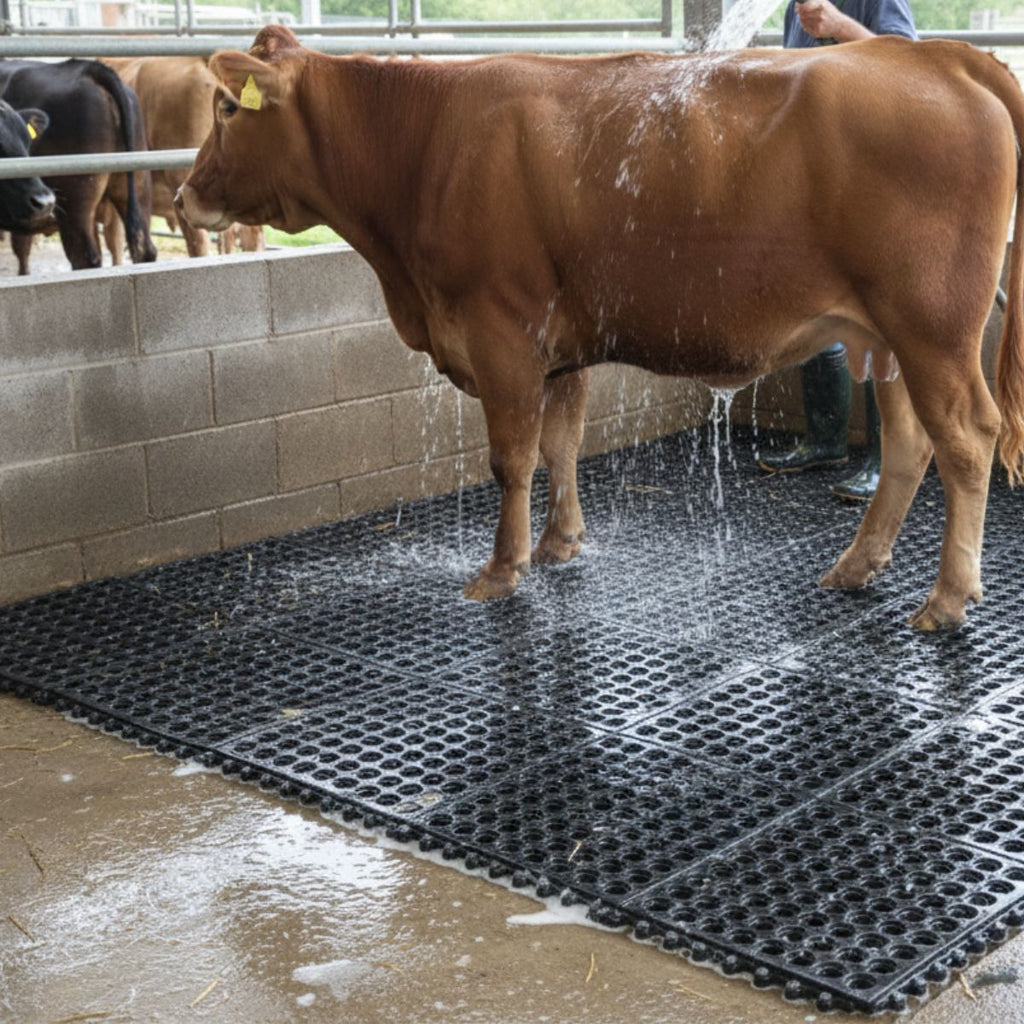 Brown cow being washed on a black rubber mat with water splashing around.